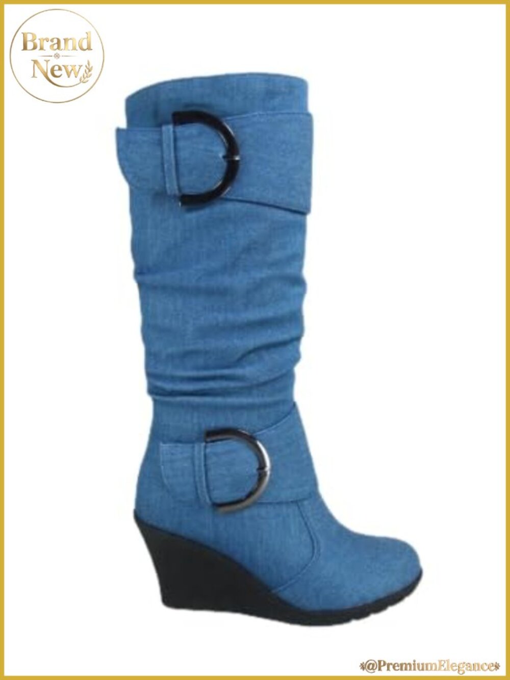 Women's Vegan Faux Leather Mid Calf Wedge Boots Round Toe Slouch Buckle Zip